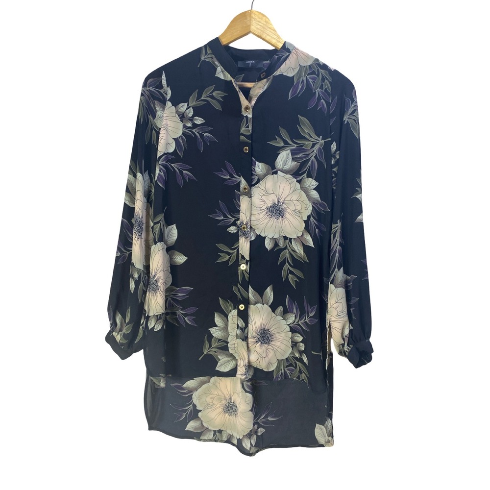 Tahari‎ Womens Black Floral Print High Low Button Down Tunic Blouse Top longline - Picture 7 of 11